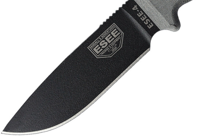 Couteau Esee 4 ESEE-4P-B lame acier carbone noir 11,6cm manche micarta gris + étui