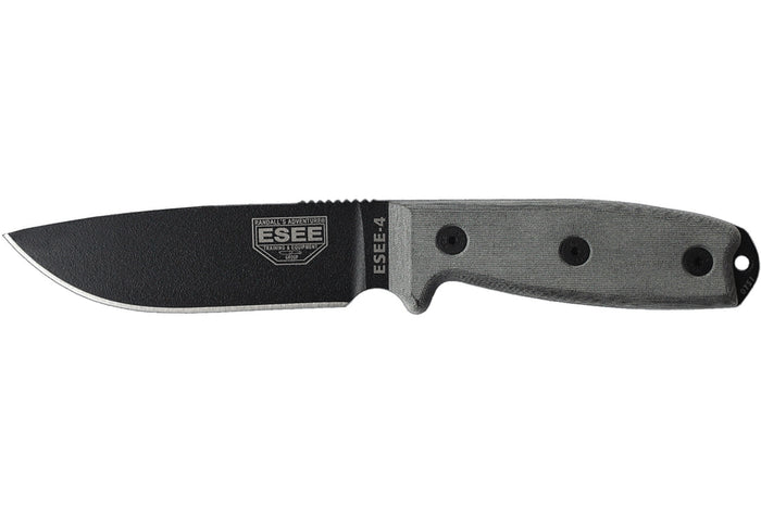 Couteau Esee 4 ESEE-4P-B lame acier carbone noir 11,6cm manche micarta gris + étui