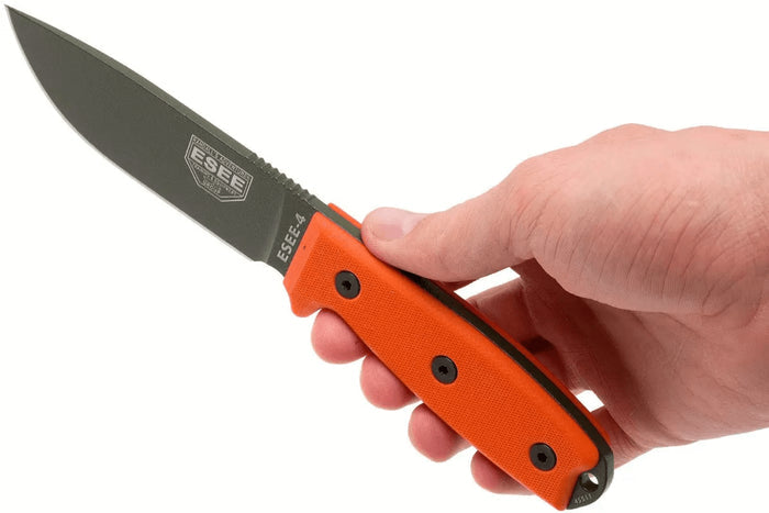 Couteau Esee 4 ESEE-4P-OD lame acier carbone vert 11,6cm manche G10 orange + étui