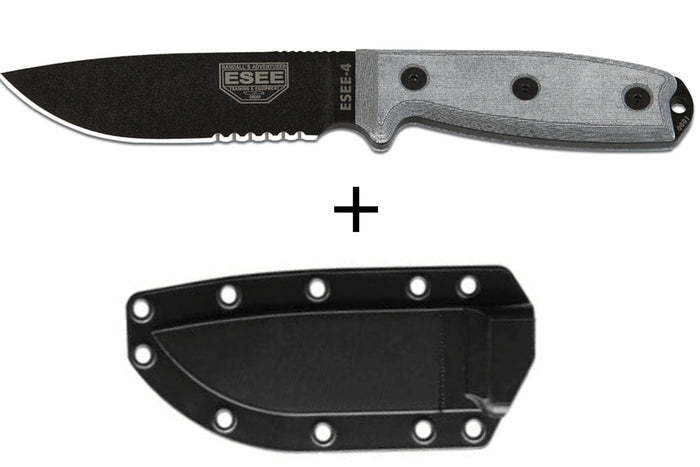 Couteau Esee 4 ESEE-4S-B lame semi-dentée acier carbone noir 11,6cm manche micarta gris + étui