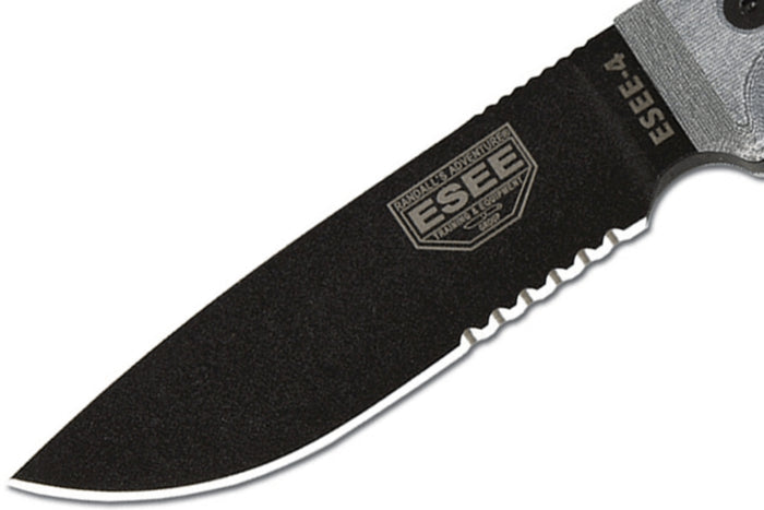 Couteau Esee 4 ESEE-4S-B lame semi-dentée acier carbone noir 11,6cm manche micarta gris + étui