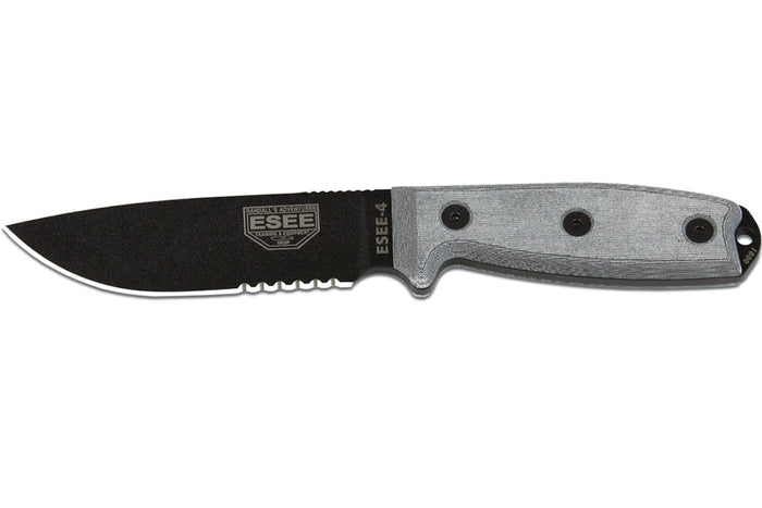 Couteau Esee 4 ESEE-4S-B lame semi-dentée acier carbone noir 11,6cm manche micarta gris + étui
