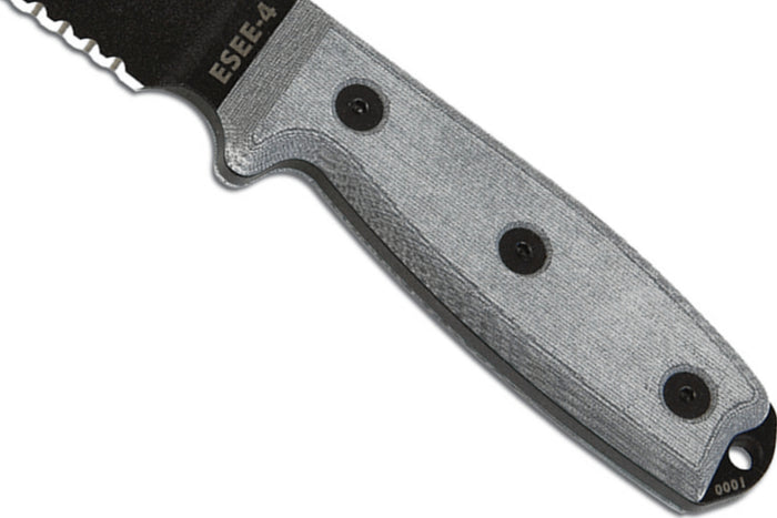 Couteau Esee 4 ESEE-4S-B lame semi-dentée acier carbone noir 11,6cm manche micarta gris + étui