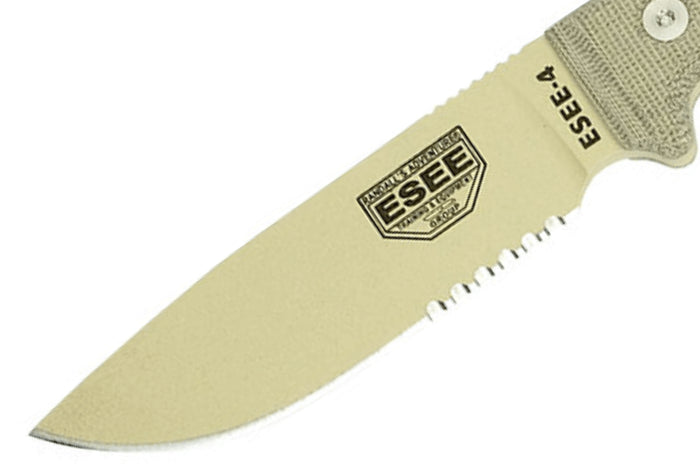 Couteau Esee 4 ESEE-4S-DT lame semi-dentée acier carbone désert 11,6cm manche micarta gris + étui