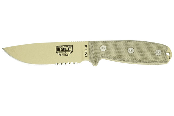 Couteau Esee 4 ESEE-4S-DT lame semi-dentée acier carbone désert 11,6cm manche micarta gris + étui