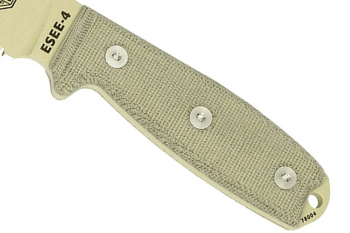 Couteau Esee 4 ESEE-4S-DT lame semi-dentée acier carbone désert 11,6cm manche micarta gris + étui