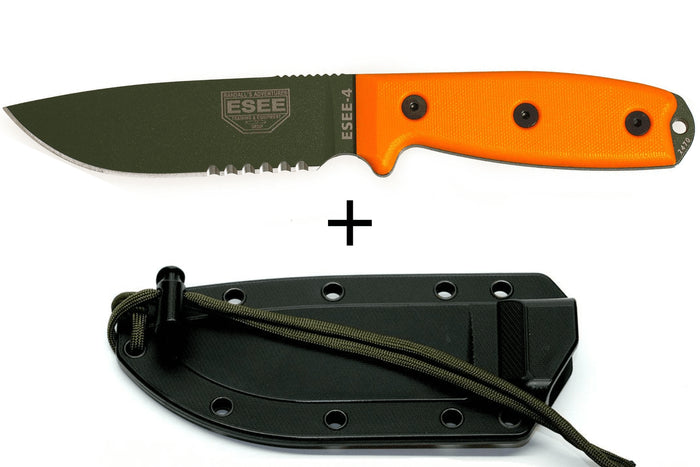 Couteau Esee 4 ESEE-4S-OD lame semi-dentée acier carbone vert 11,6cm manche G10 orange + étui