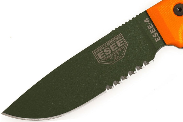 Couteau Esee 4 ESEE-4S-OD lame semi-dentée acier carbone vert 11,6cm manche G10 orange + étui
