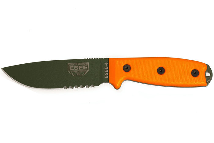 Couteau Esee 4 ESEE-4S-OD lame semi-dentée acier carbone vert 11,6cm manche G10 orange + étui