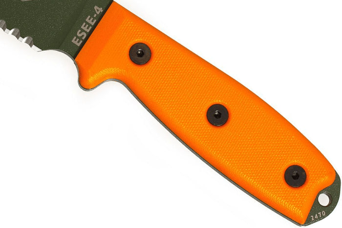 Couteau Esee 4 ESEE-4S-OD lame semi-dentée acier carbone vert 11,6cm manche G10 orange + étui