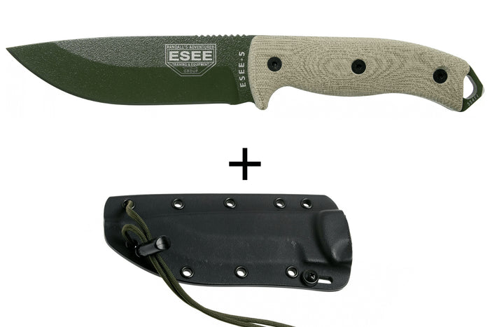 Couteau Esee 5 5POD-017 lame acier carbone 13,2cm manche micarta vert clair + étui