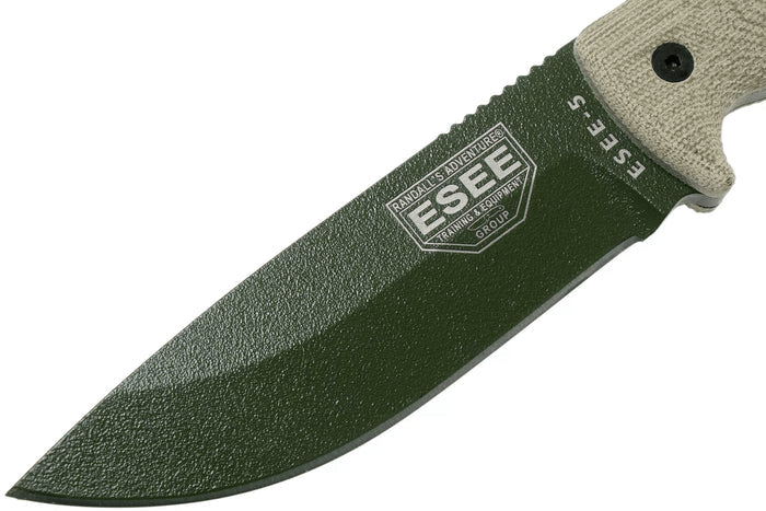 Couteau Esee 5 5POD-017 lame acier carbone 13,2cm manche micarta vert clair + étui