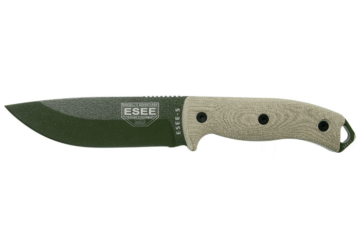 Couteau Esee 5 5POD-017 lame acier carbone 13,2cm manche micarta vert clair + étui