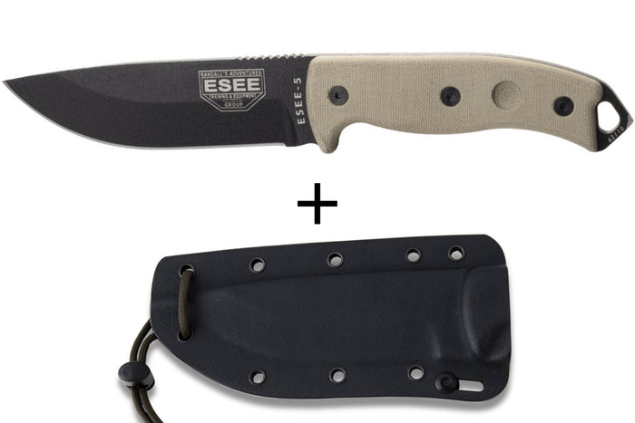 Couteau Esee 5 ESEE-5P-E lame acier carbone noir 13,7cm manche micarta gris + étui