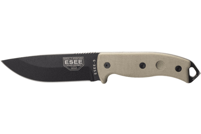 Couteau Esee 5 ESEE-5P-E lame acier carbone noir 13,7cm manche micarta gris + étui