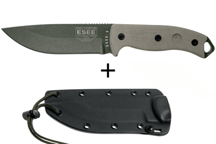 Couteau Esee 5 ESEE-5P-OD-E lame acier carbone vert 13,7cm manche micarta gris + étui