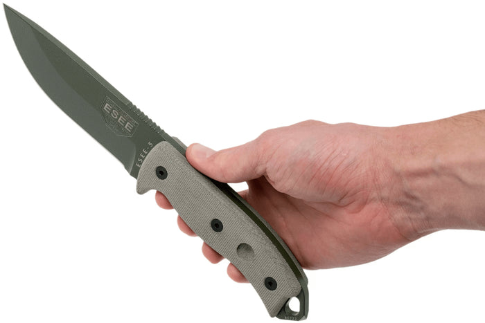 Couteau Esee 5 ESEE-5P-OD-E lame acier carbone vert 13,7cm manche micarta gris + étui