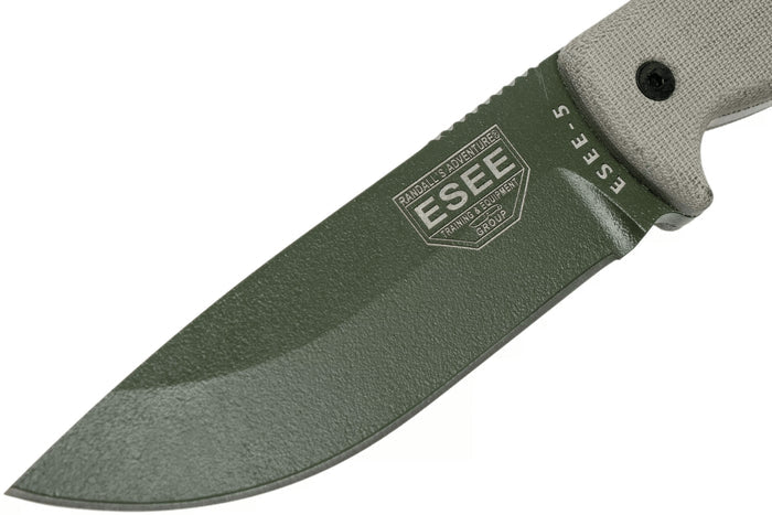 Couteau Esee 5 ESEE-5P-OD-E lame acier carbone vert 13,7cm manche micarta gris + étui