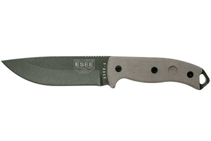 Couteau Esee 5 ESEE-5P-OD-E lame acier carbone vert 13,7cm manche micarta gris + étui