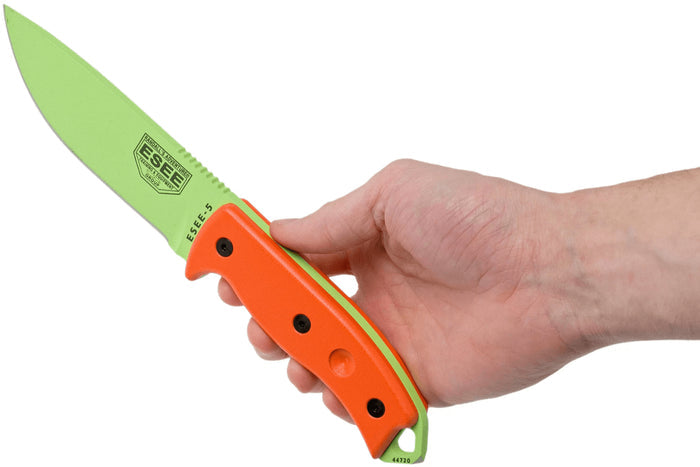 Couteau Esee 5 ESEE-5P-VG-E lame acier carbone venom green 13,7cm manche G10 orange + étui