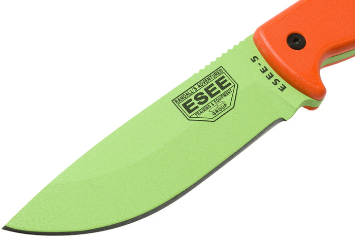 Couteau Esee 5 ESEE-5P-VG-E lame acier carbone venom green 13,7cm manche G10 orange + étui