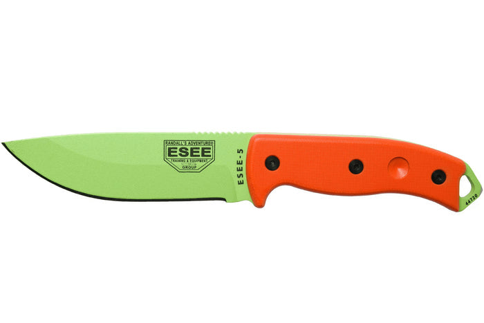 Couteau Esee 5 ESEE-5P-VG-E lame acier carbone venom green 13,7cm manche G10 orange + étui