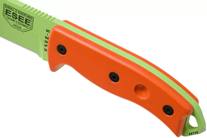 Couteau Esee 5 ESEE-5P-VG-E lame acier carbone venom green 13,7cm manche G10 orange + étui