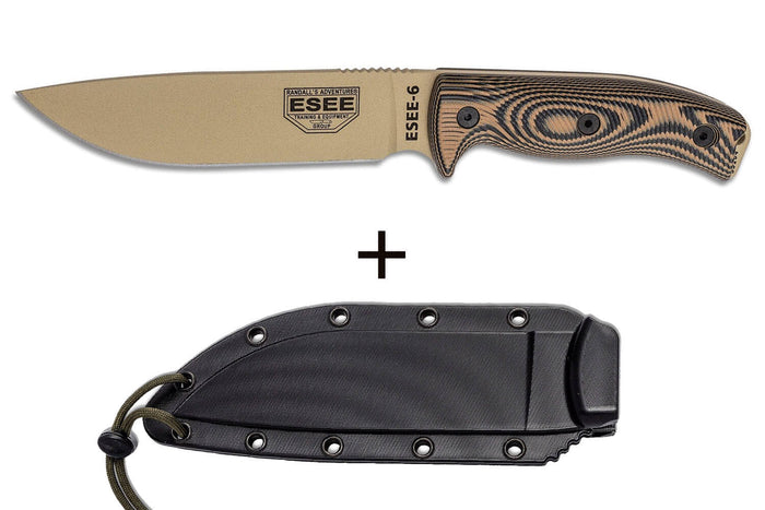Couteau Esee 6 6PDT-005 lame carbone 16,5cm manche G10 Coyote et noir + étui