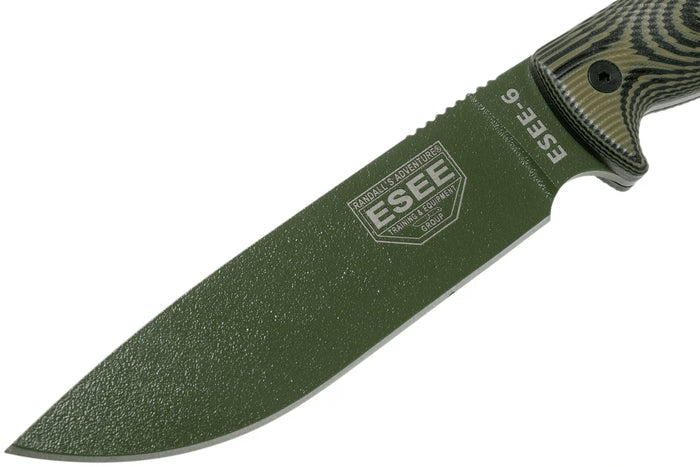 Couteau Esee 6 6POD-003 lame acier carbone 16,5cm manche G10 vert et noir + étui