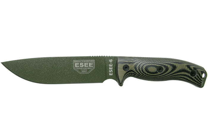 Couteau Esee 6 6POD-003 lame acier carbone 16,5cm manche G10 vert et noir + étui