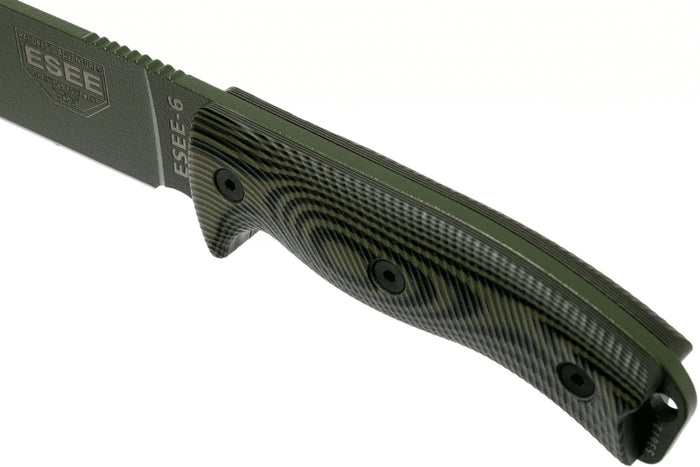 Couteau Esee 6 6POD-003 lame acier carbone 16,5cm manche G10 vert et noir + étui
