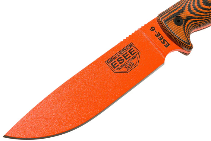 Couteau Esee 6 6POR-006 lame acier carbone 16,5cm manche G10 orange/noir + étui