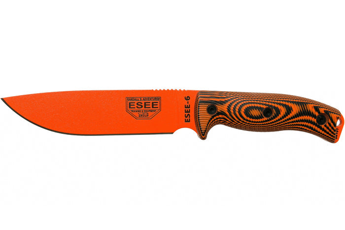 Couteau Esee 6 6POR-006 lame acier carbone 16,5cm manche G10 orange/noir + étui