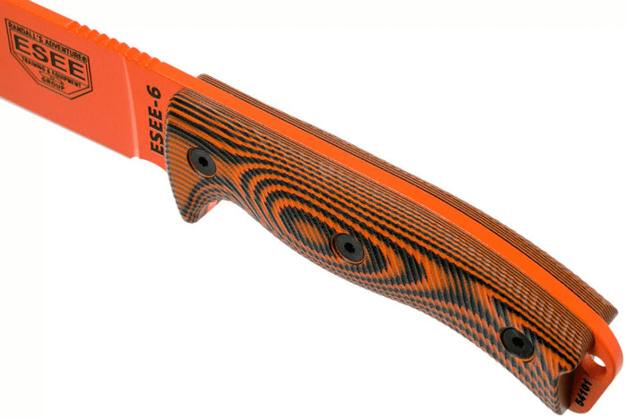 Couteau Esee 6 6POR-006 lame acier carbone 16,5cm manche G10 orange/noir + étui