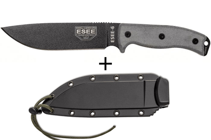Couteau Esee 6 ESEE-6P-B lame acier carbone noir 16,5cm manche micarta gris + étui