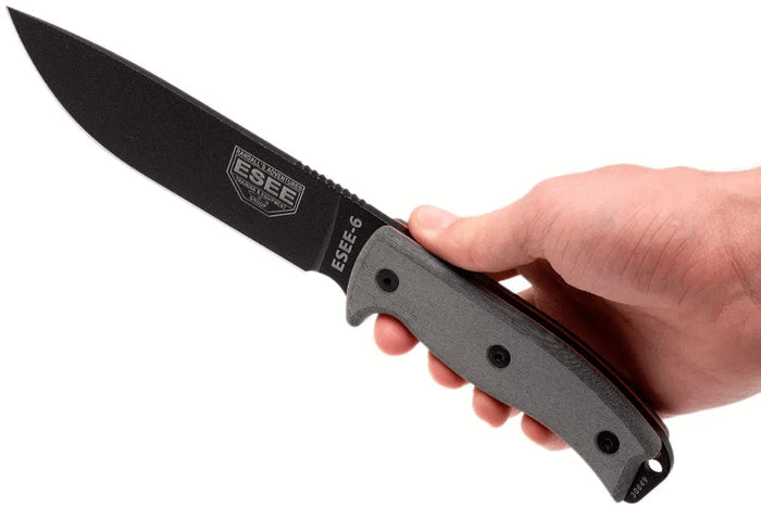Couteau Esee 6 ESEE-6P-B lame acier carbone noir 16,5cm manche micarta gris + étui