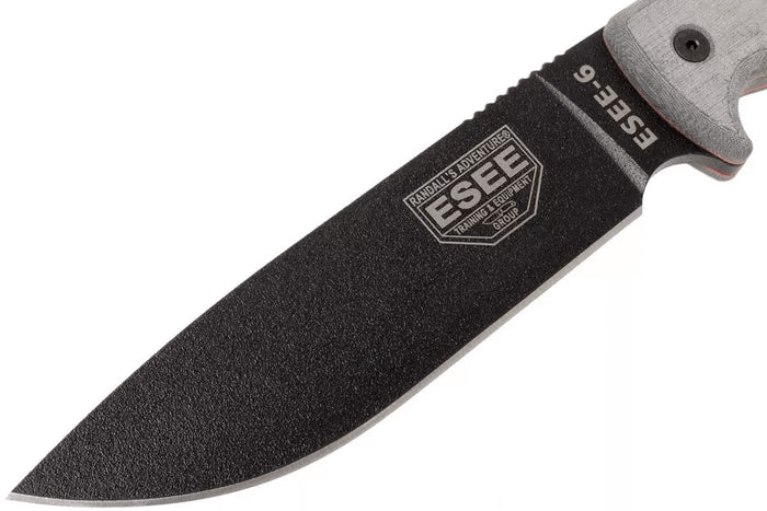 Couteau Esee 6 ESEE-6P-B lame acier carbone noir 16,5cm manche micarta gris + étui