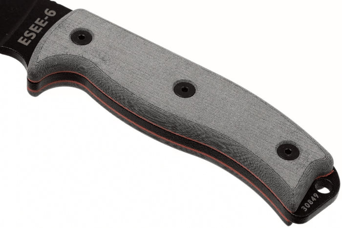 Couteau Esee 6 ESEE-6P-B lame acier carbone noir 16,5cm manche micarta gris + étui