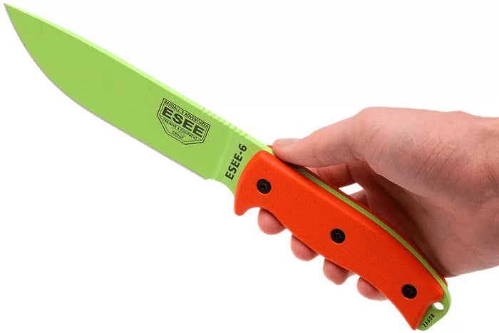 Couteau Esee 6 ESEE-6P-VG lame carbone venom green 16,5cm manche G10 orange + étui