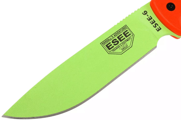 Couteau Esee 6 ESEE-6P-VG lame carbone venom green 16,5cm manche G10 orange + étui