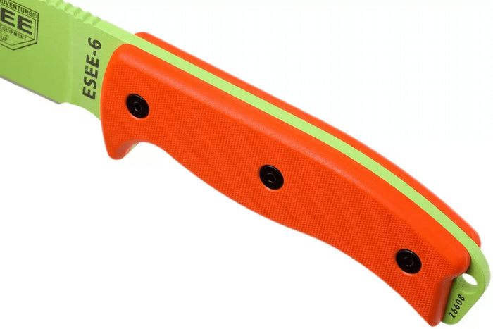 Couteau Esee 6 ESEE-6P-VG lame carbone venom green 16,5cm manche G10 orange + étui