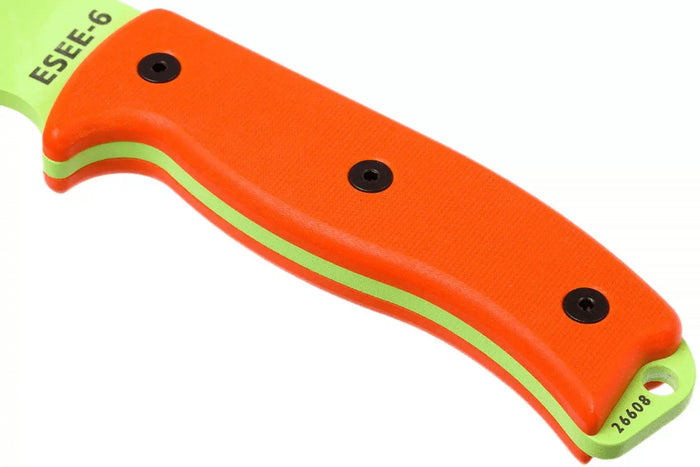 Couteau Esee 6 ESEE-6P-VG lame carbone venom green 16,5cm manche G10 orange + étui