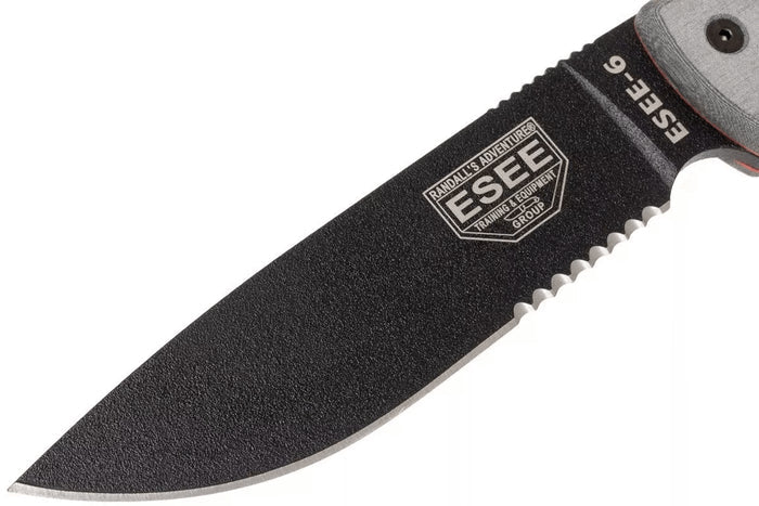 Couteau Esee 6 ESEE-6S-B lame semi-dentée acier carbone noir 16,5cm manche micarta gris + étui