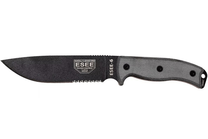 Couteau Esee 6 ESEE-6S-B lame semi-dentée acier carbone noir 16,5cm manche micarta gris + étui