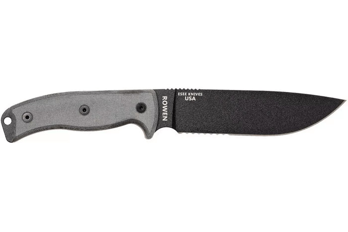 Couteau Esee 6 ESEE-6S-B lame semi-dentée acier carbone noir 16,5cm manche micarta gris + étui
