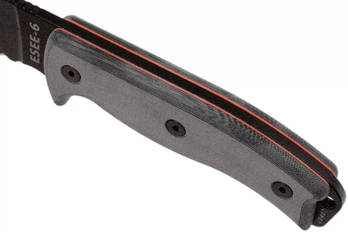 Couteau Esee 6 ESEE-6S-B lame semi-dentée acier carbone noir 16,5cm manche micarta gris + étui
