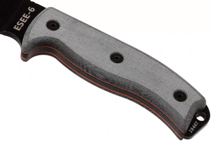 Couteau Esee 6 ESEE-6S-B lame semi-dentée acier carbone noir 16,5cm manche micarta gris + étui