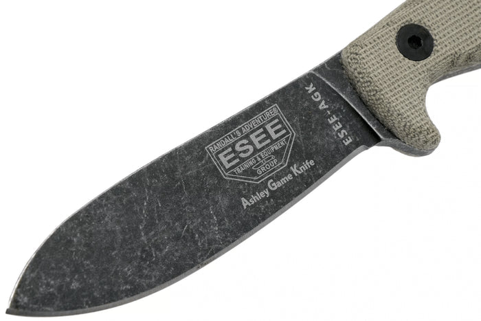 Couteau Esee Ashley Game ESEE-AGK lame acier carbone noir 9,1cm manche micarta gris + étui cuir