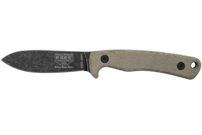 Couteau Esee Ashley Game ESEE-AGK lame acier carbone noir 9,1cm manche micarta gris + étui cuir