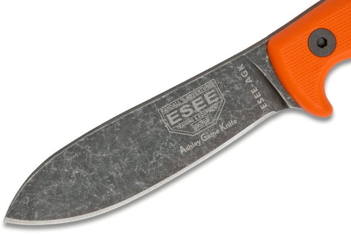Couteau Esee Ashley Game ESEE-AGK-OR lame acier carbone noir 9,1cm manche G10 orange + étui cuir